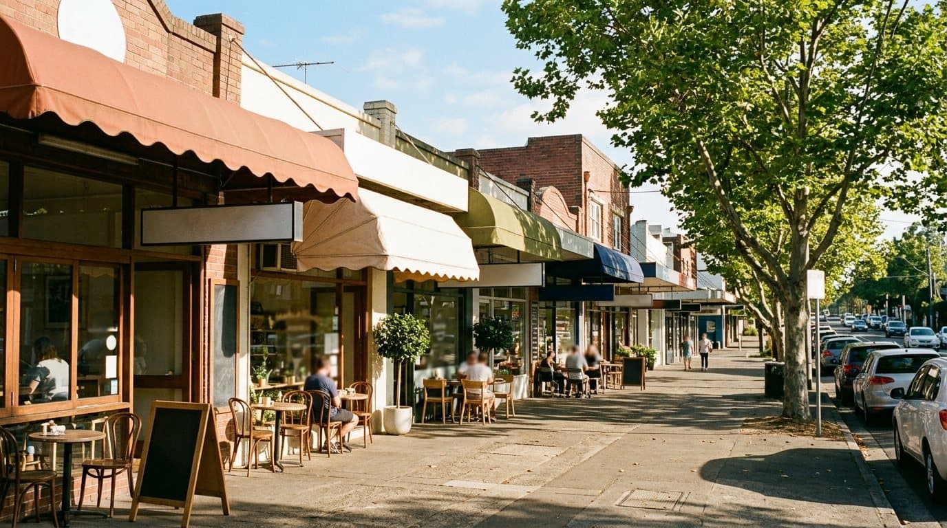 A sunny suburban shopping strip with cafes, awnings and street trees in morning light